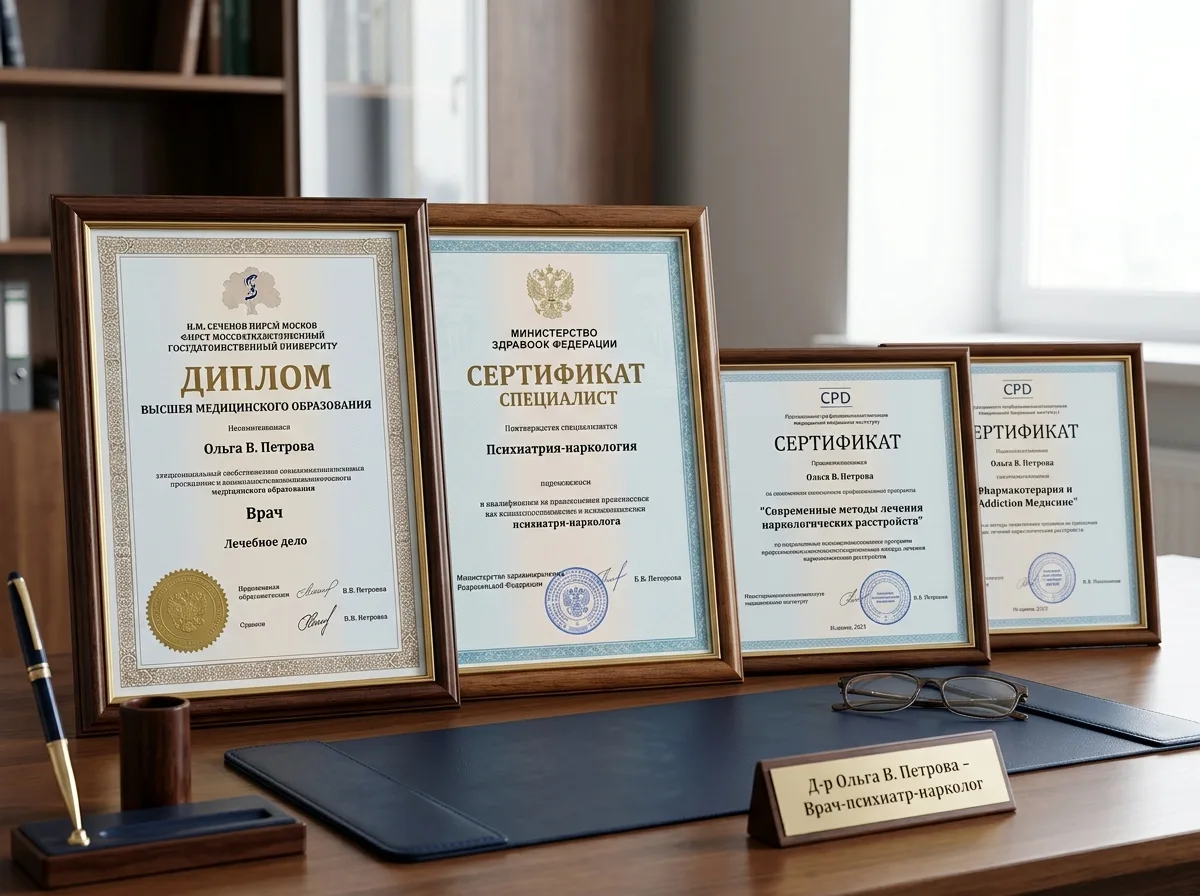 Сертификаты специалистов врачей-наркологов, дипломы о высшем медицинском образовании, свидетельства о повышении квалификации